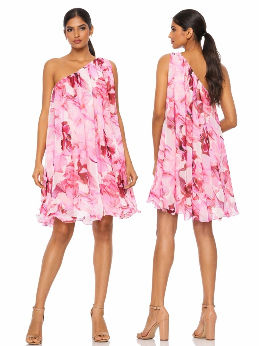Mac Duggal One Shoulder Pink Floral Chiffon Dress